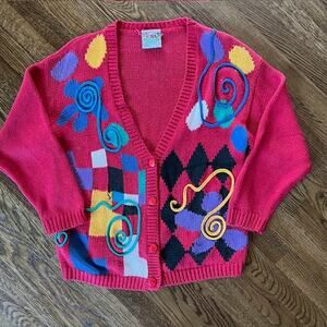 VTG 80s CSL Cherry Stix Ltd Knit Cardigan Sweater Womens M Colorful Geometric